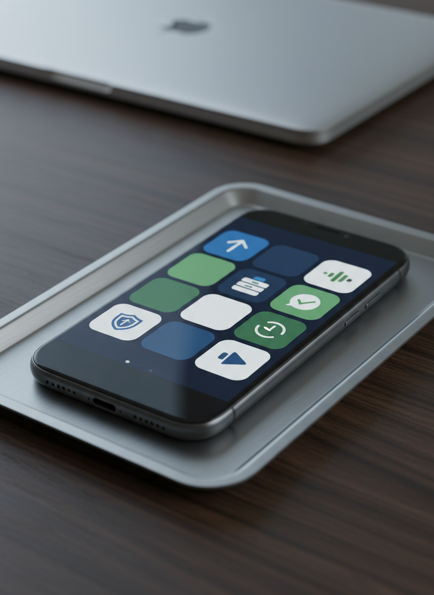 A minimalist app icon grid displayed on a premium smartphone lying on a brushed aluminum tray, set atop a dark walnut desk with a subtle, natural grain. Each app icon is meticulously designed in a cohesive visual language, using deep blues, muted greens, and crisp whites to suggest finance, productivity, and media apps. A slim laptop is partially visible in the blurred background, its logo indistinct. Cool, directional side lighting from the left creates refined highlights along the phone’s chamfered edges and gentle shadows across the desk. The photographic, modern composition is shot at a low, three-quarter angle with shallow depth of field, focusing sharply on the icon grid to evoke precision, brand consistency, and premium digital craftsmanship.