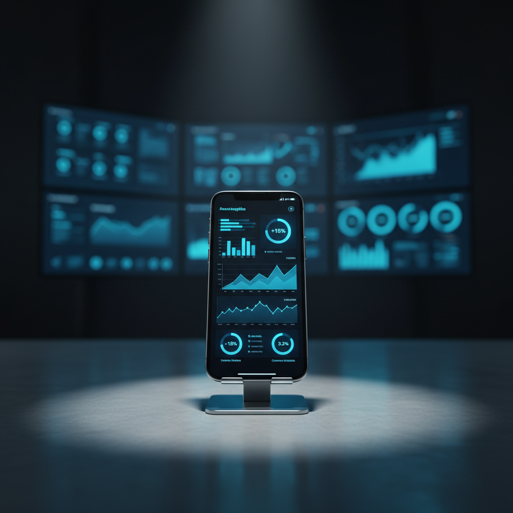 A dark-mode mobile analytics dashboard glowing on a premium smartphone that stands upright in a simple, brushed steel stand on a smooth concrete surface. The screen displays clear charts, graphs, and KPIs in electric blue and neon cyan against deep black, conveying performance tracking and growth metrics. In the softly blurred background, multiple monitors form a subtle wall of data visualizations, adding depth and context. A focused overhead spotlight highlights the phone and stand, while ambient cool light from the right adds gentle gradients on the concrete. Photographic realism with a modern, cinematic composition, shot at a low angle to make the device appear powerful and central. The atmosphere is analytical, precise, and results-driven.