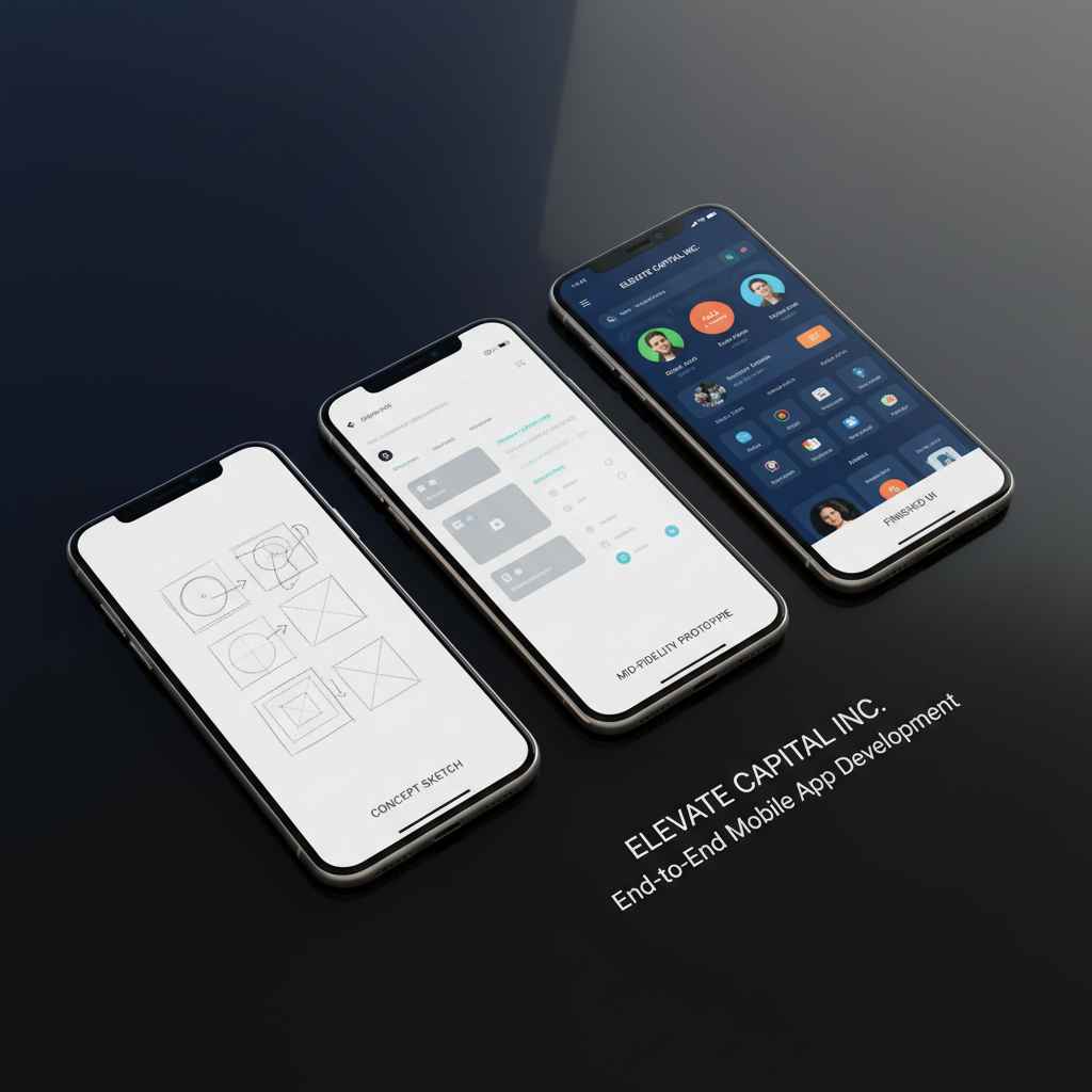 A row of three ultra-modern smartphones aligned diagonally across a reflective black glass surface, each screen frozen on a different stage of a mobile app lifecycle: concept sketch, mid-fidelity prototype, and finished polished UI. The sketches appear on a soft white background, the prototype uses muted grays and light blues, and the final UI features rich, vibrant colors. A subtle gradient backdrop shifts from deep navy to charcoal, reinforcing a professional tone. Soft side lighting from the right creates a gentle highlight along the devices’ edges and a delicate glow on the glass reflection. Photographic realism with a studio-like setting, captured from an overhead angle with crisp detail. The composition visually narrates Elevate Capital Inc.’s end-to-end mobile app development process.