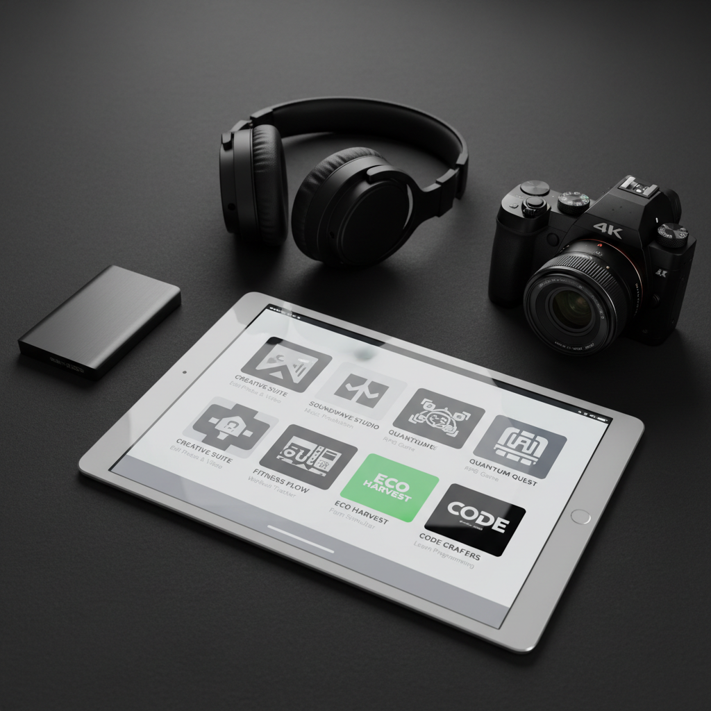 A pristine white tablet positioned at the center of a matte black surface, displaying a polished app store-style layout that showcases multiple app tiles, each with bold, professional thumbnails and short descriptions. Surrounding the tablet are neatly arranged, high-quality physical props symbolizing digital content: a slim external SSD, a pair of modern over-ear headphones, and a compact 4K camera, all in monochrome finishes. Soft, even studio lighting creates a controlled, reflection-free environment with subtle, precise shadows. Shot from a slightly elevated, centered vantage point with sharp focus across the frame, the photographic image feels organized and strategic. The mood is confident and businesslike, emphasizing a full-service mobile app and digital content offering from concept to distribution.