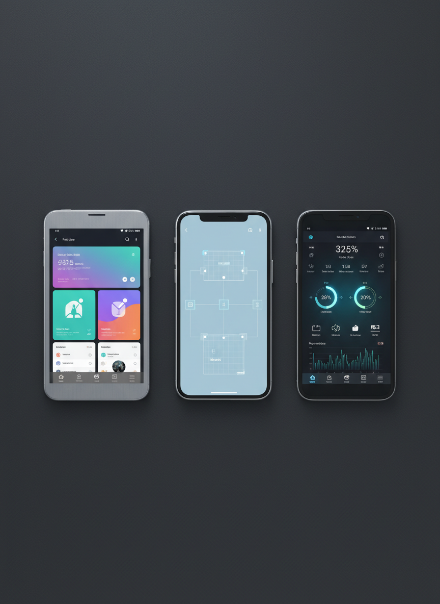 A cluster of three different mobile devices placed on a matte charcoal surface: a flagship smartphone, a compact tablet, and a slim foldable phone, each showing different stages of a mobile app design—wireframes, colorful UI screens, and an analytics dashboard. The screens glow with vibrant blues, teals, and whites against the dark background, creating a high-contrast, professional feel. Overhead soft studio lighting highlights the devices’ glass and aluminum textures, casting precise, controlled shadows. The shot is taken from a top-down, bird’s-eye perspective, with a clean, minimalist composition and generous negative space. Photographic realism emphasizes clarity and detail, conveying a polished, enterprise-ready development process for mobile apps and digital products.
