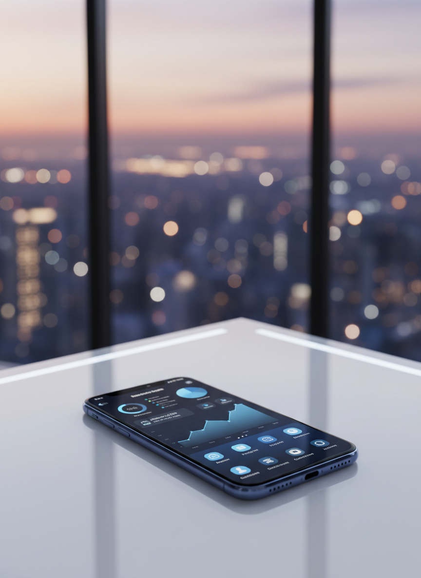 A sleek, midnight-blue smartphone resting on a clean, white glass desk, its edge-to-edge screen displaying a sophisticated mobile dashboard with charts, notifications, and app icons in cool blue and silver tones. Behind it, a blurred city skyline at dusk is visible through a large window, with tiny bokeh lights suggesting activity and growth. Soft, diffused natural light from the window combines with subtle cool-toned ambient lighting, creating gentle reflections on the phone’s metallic frame. Photographic realism with a crisp, professional aesthetic, captured at a slightly elevated three-quarter angle. The composition follows the rule of thirds, with sharp focus on the device and a smooth, out-of-focus background to convey innovation, clarity, and executive-level digital solutions.