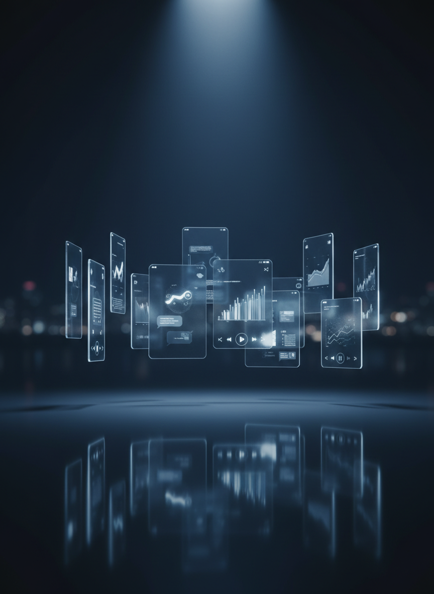 An abstract yet realistic composition featuring a floating network of semi-transparent, glass-like app windows and notification cards, arranged in a gentle arc above a dark, reflective surface. Each pane shows fragments of mobile interfaces—charts, messages, media players—rendered in professional blues, grays, and whites. The background fades into a deep navy gradient with subtle hints of a cityscape in soft bokeh. A cool spotlight from above creates luminous edges and reflections, suggesting elevated, cutting-edge technology. Captured as a wide, cinematic frame at eye level, with strong depth and layered elements. The photographic realism combined with a clean, modern aesthetic symbolizes interconnected mobile ecosystems and sophisticated digital content solutions for businesses.